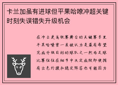卡兰加虽有进球但平果哈嘹冲超关键时刻失误错失升级机会