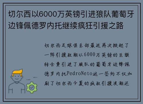 切尔西以6000万英镑引进狼队葡萄牙边锋佩德罗内托继续疯狂引援之路