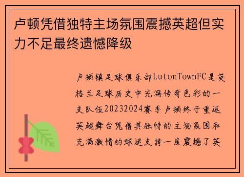 卢顿凭借独特主场氛围震撼英超但实力不足最终遗憾降级